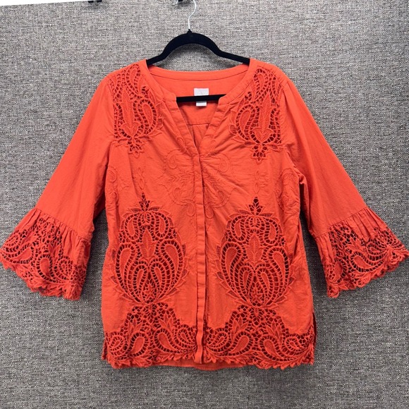 Chicos Womans Blouse Size 2 or L Embroidered Summer Boho Eyelet Bell Sleeve Soft - Picture 1 of 16